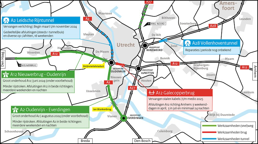 Fragment van kaart met werkzaamheden in de regio Utrecht in 2024.