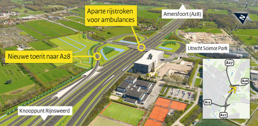 Nieuwe afrit en rijstrook voor ambulances op de A27 bij het Utrecht Science Park