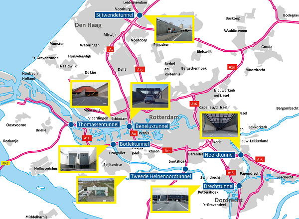 Kaart van Zuid-Holland met daarop de plek van de tunnels gemarkeerd met een kleine foto van de tunnel erbij