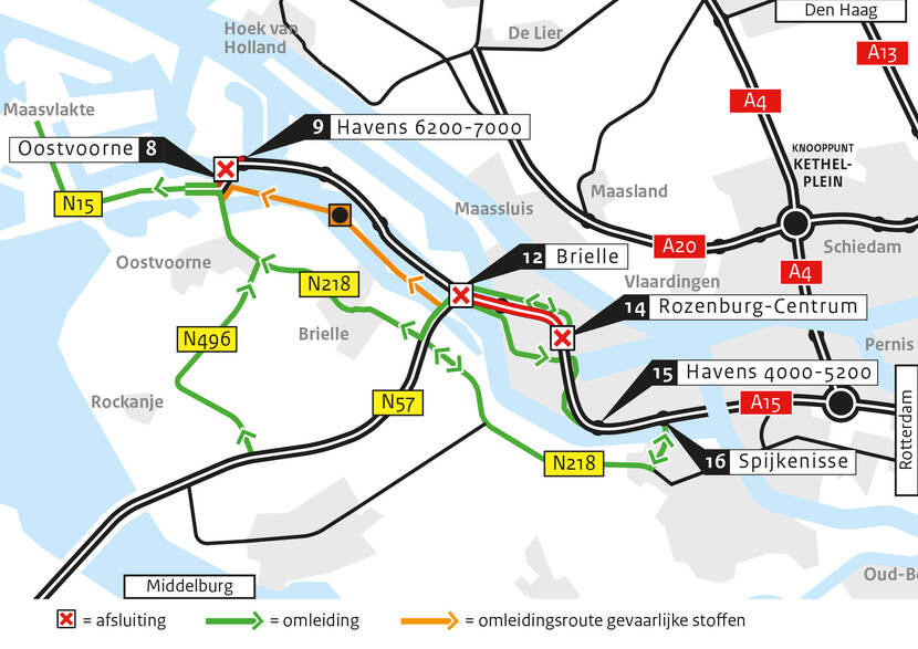Afsluitingen en omleidingen A15 Suurhoffbrug / Rozenburg 24-27 september