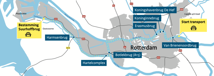 Transport tijdelijke Suurhoffbrug van Krimpen a/d IJssel naar Maasvlakte (voorjaar 2021)